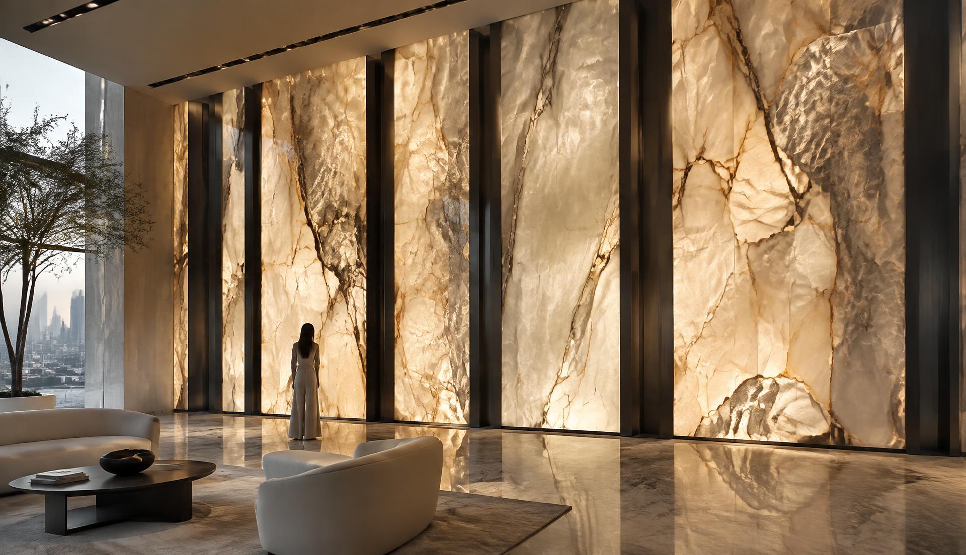 Bespoke illuminated natural stone wall sculpture in an executive interior