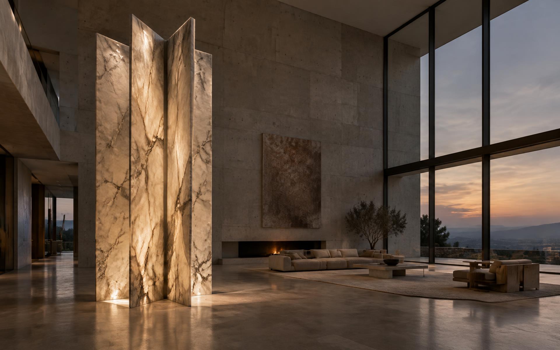 Monumental illuminated marble sculpture in a double-height living space