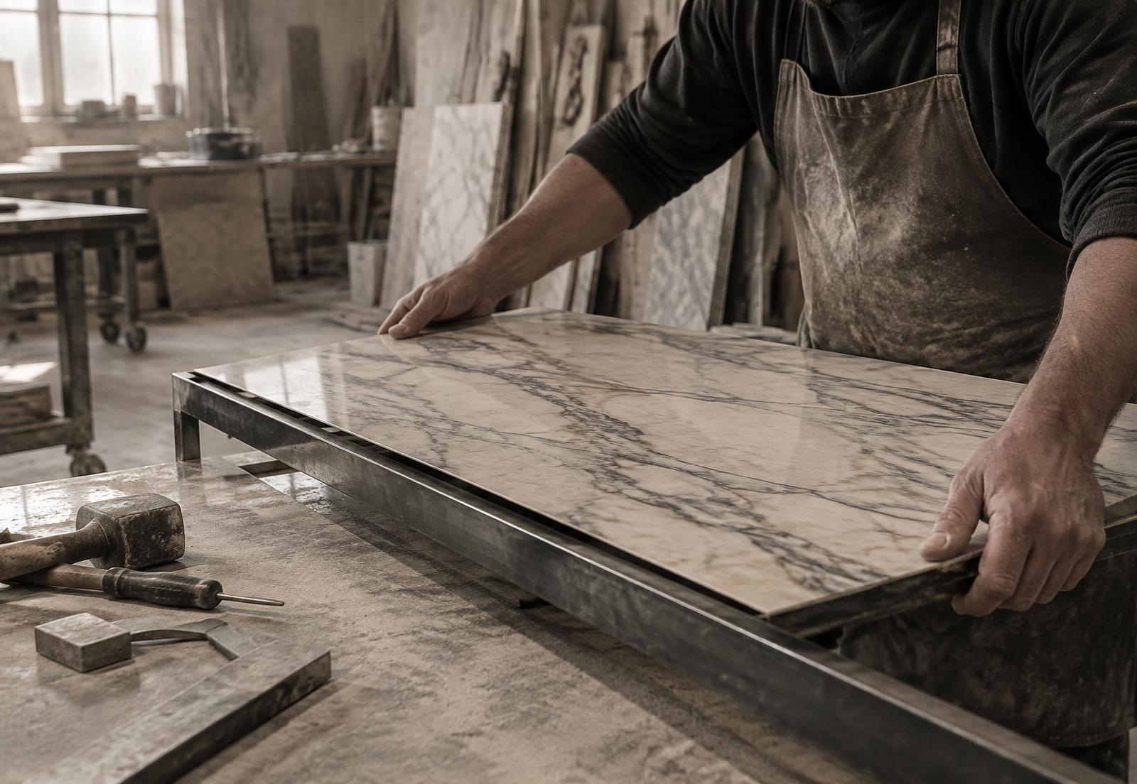 Craftsman setting a thin marble sheet into a blackened steel frame