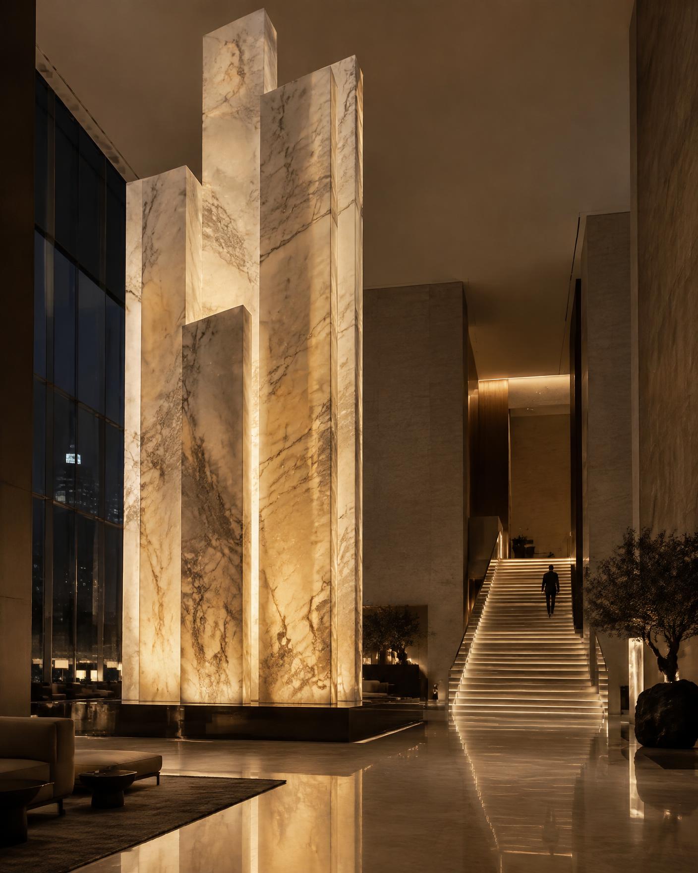 Tall illuminated marble monolith sculpture in a grand hotel lobby