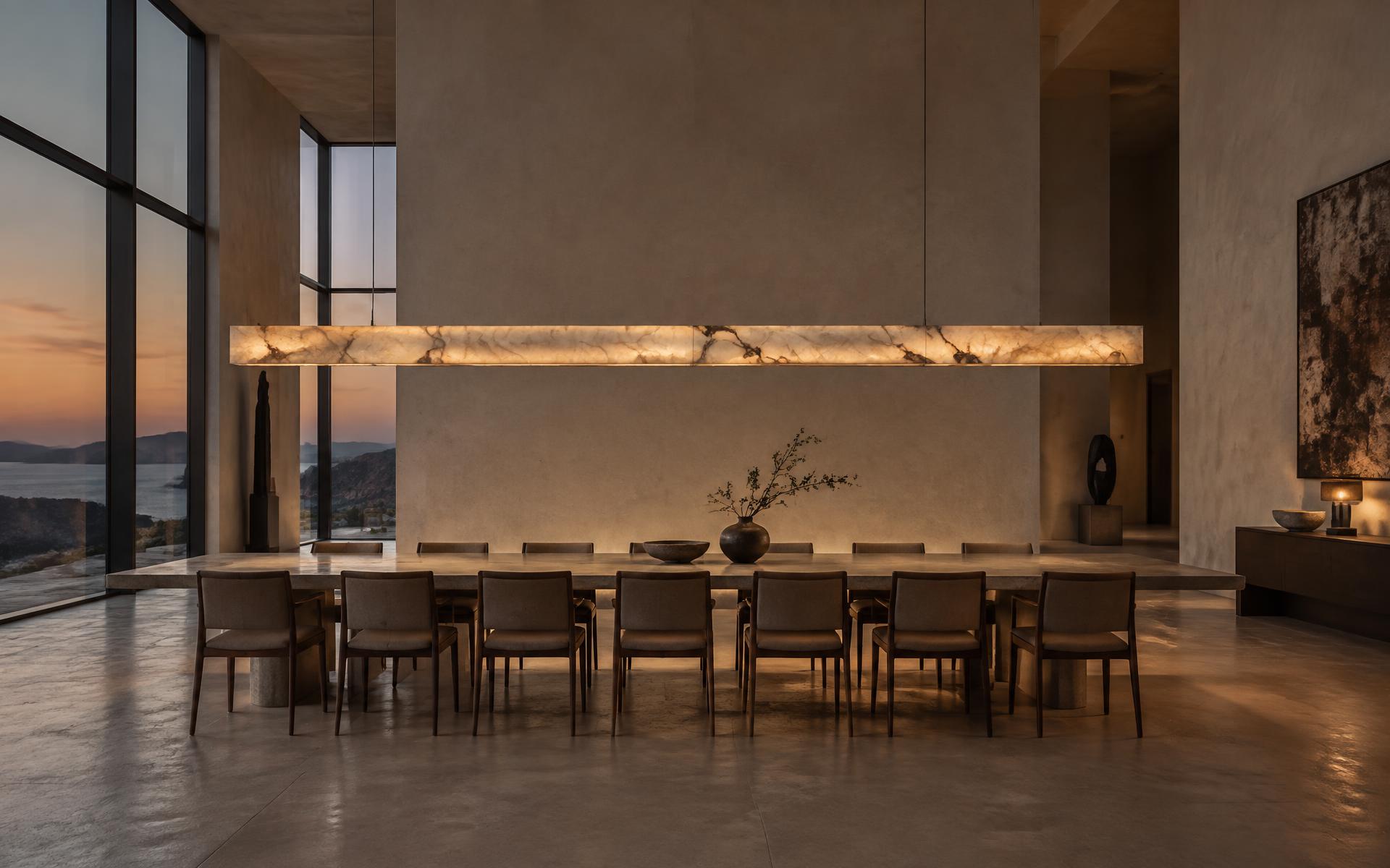 Four metre illuminated marble beam suspended above a long dining table